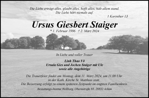 Traueranzeige von Ursus Giesbert Staiger