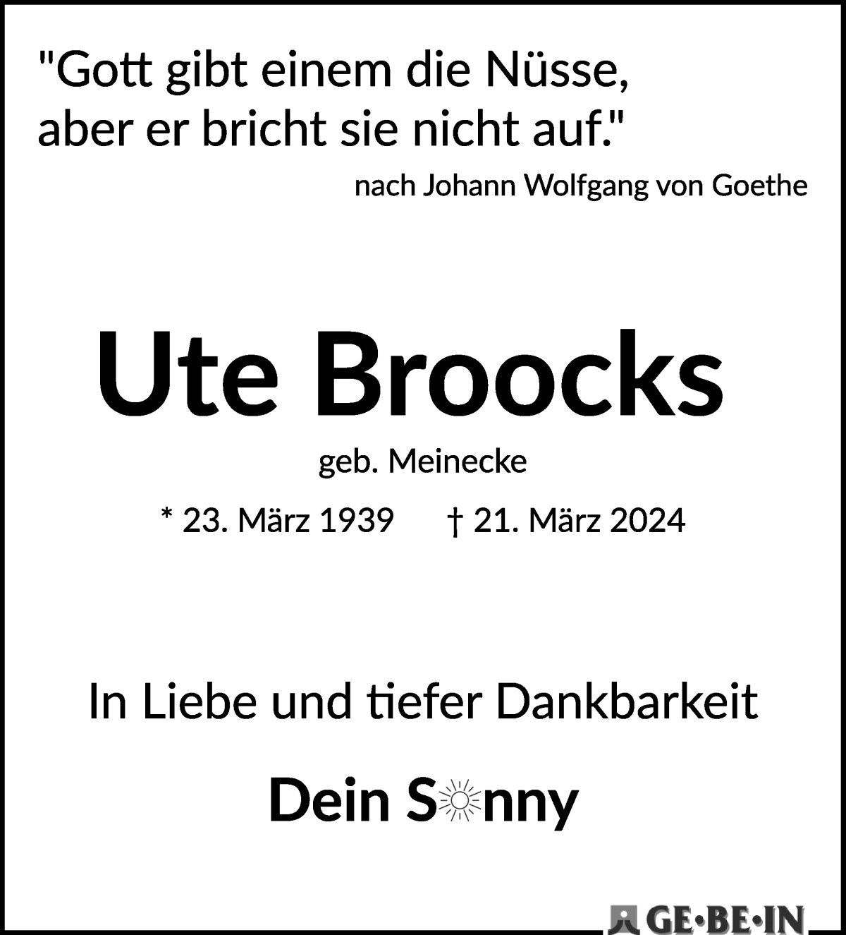 Traueranzeige von Ute Broocks von Die Norddeutsche