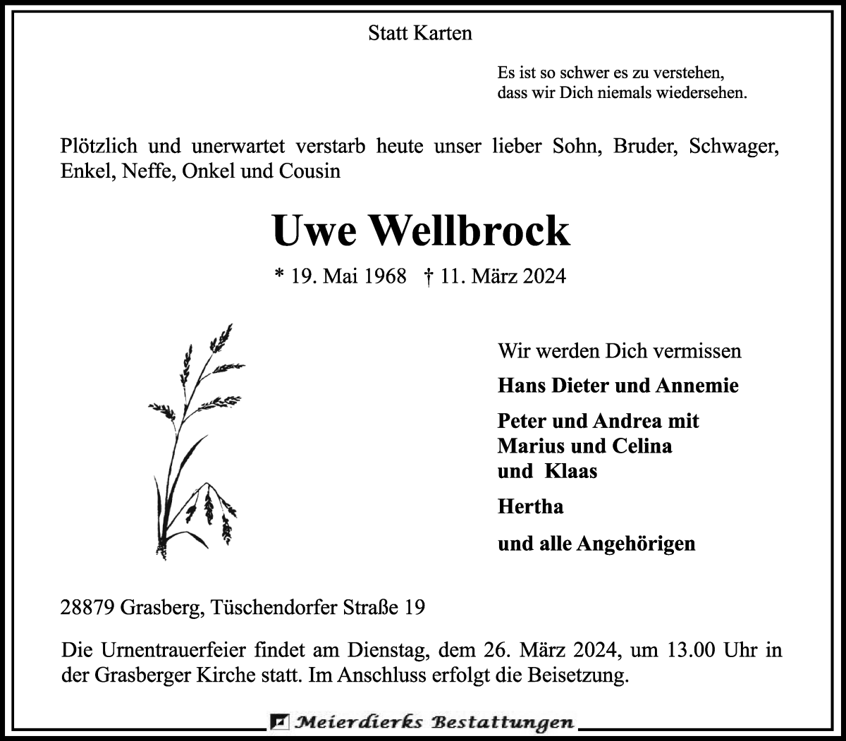  Traueranzeige für Uwe Wellbrock vom 16.03.2024 aus Wuemme Zeitung