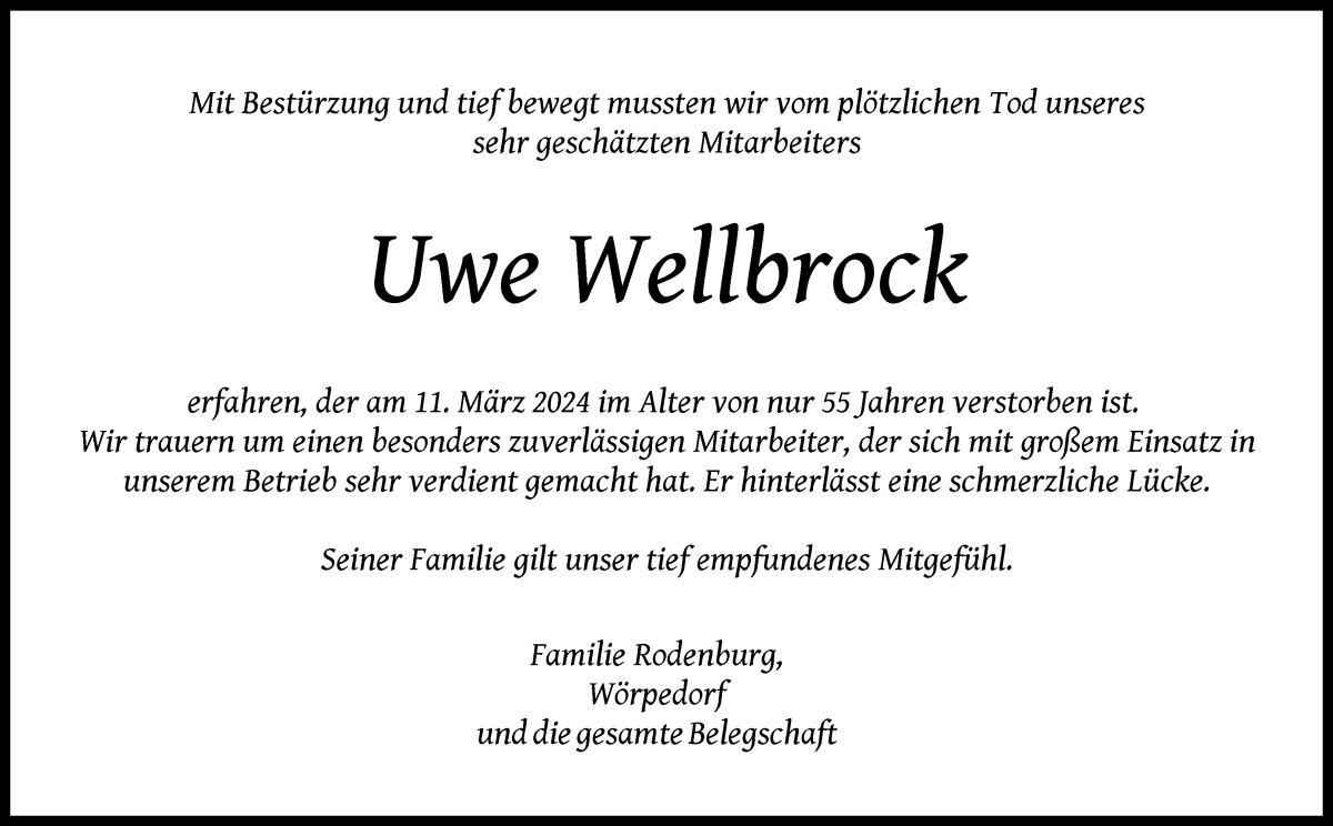  Traueranzeige für Uwe Wellbrock vom 16.03.2024 aus Wuemme Zeitung