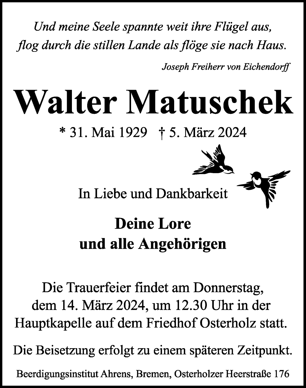 Traueranzeige von Walter Matuschek von WESER-KURIER