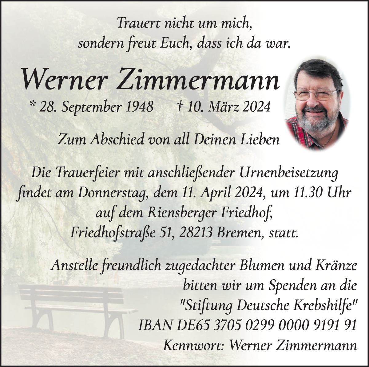 Traueranzeige von Werner Zimmermann von WESER-KURIER