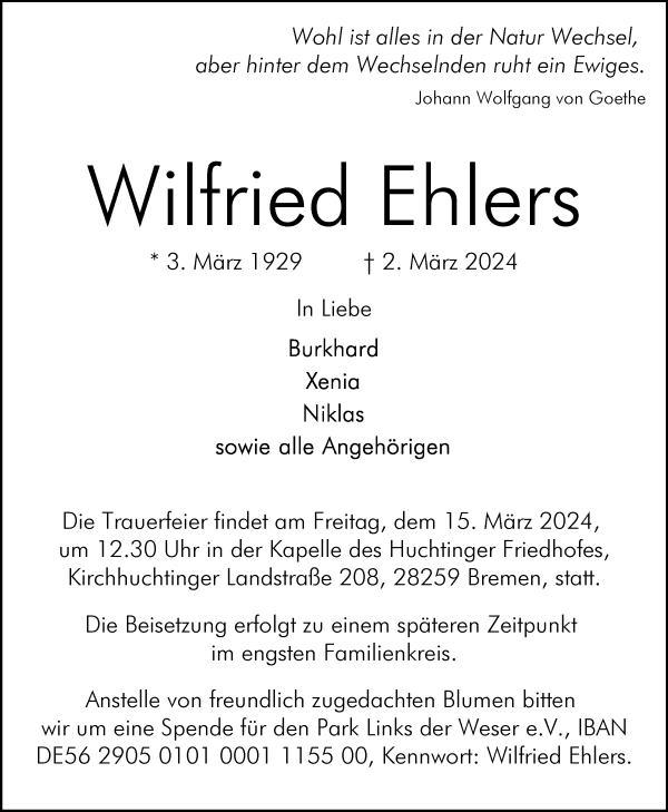 Traueranzeige von Wilfried Ehlers von WESER-KURIER