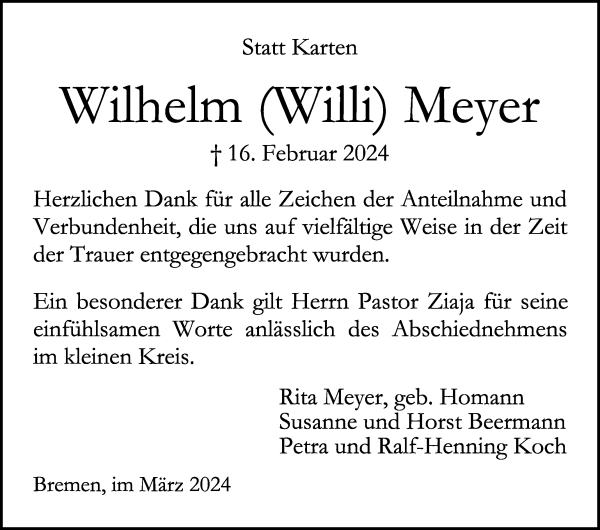 Traueranzeige von Wilhelm (Willi) Meyer