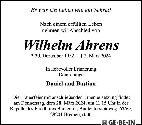 Traueranzeige von Wilhelm Ahrens