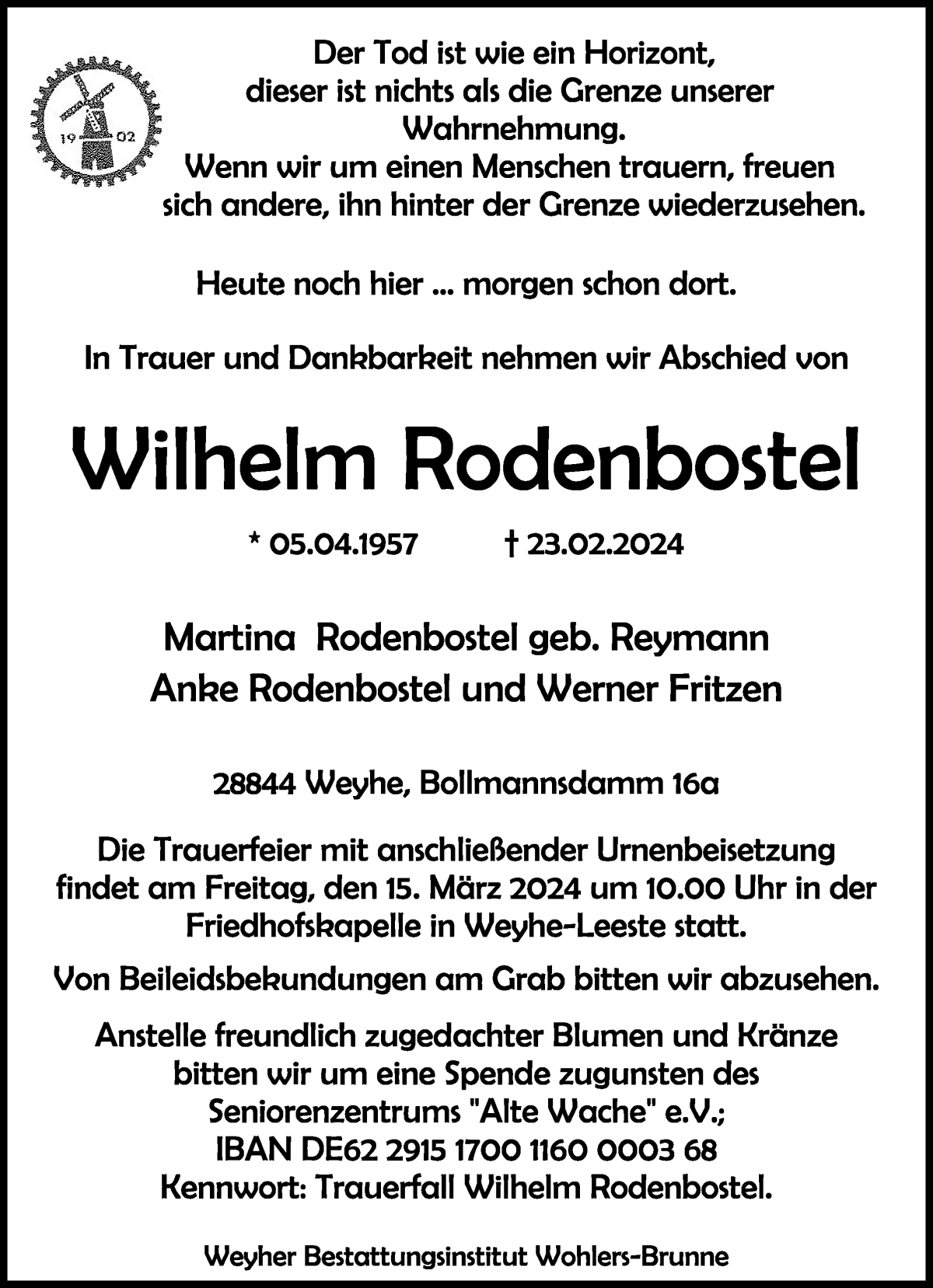 Traueranzeige von Wilhelm Rodenbostel von Regionale Rundschau/Syker Kurier