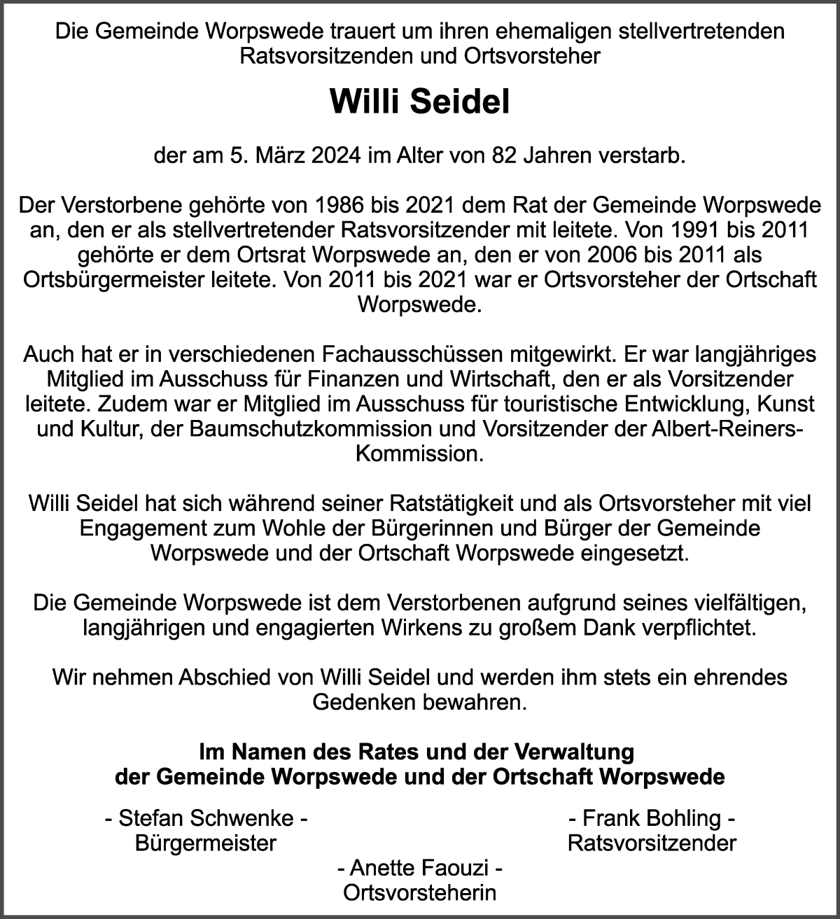  Traueranzeige für Willi Adolf Seidel vom 16.03.2024 aus Wuemme Zeitung