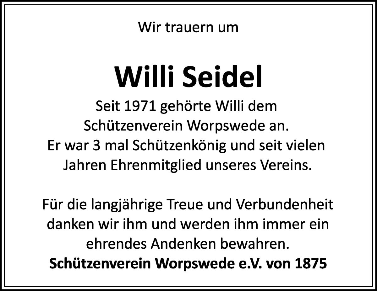  Traueranzeige für Willi Adolf Seidel vom 16.03.2024 aus Wuemme Zeitung