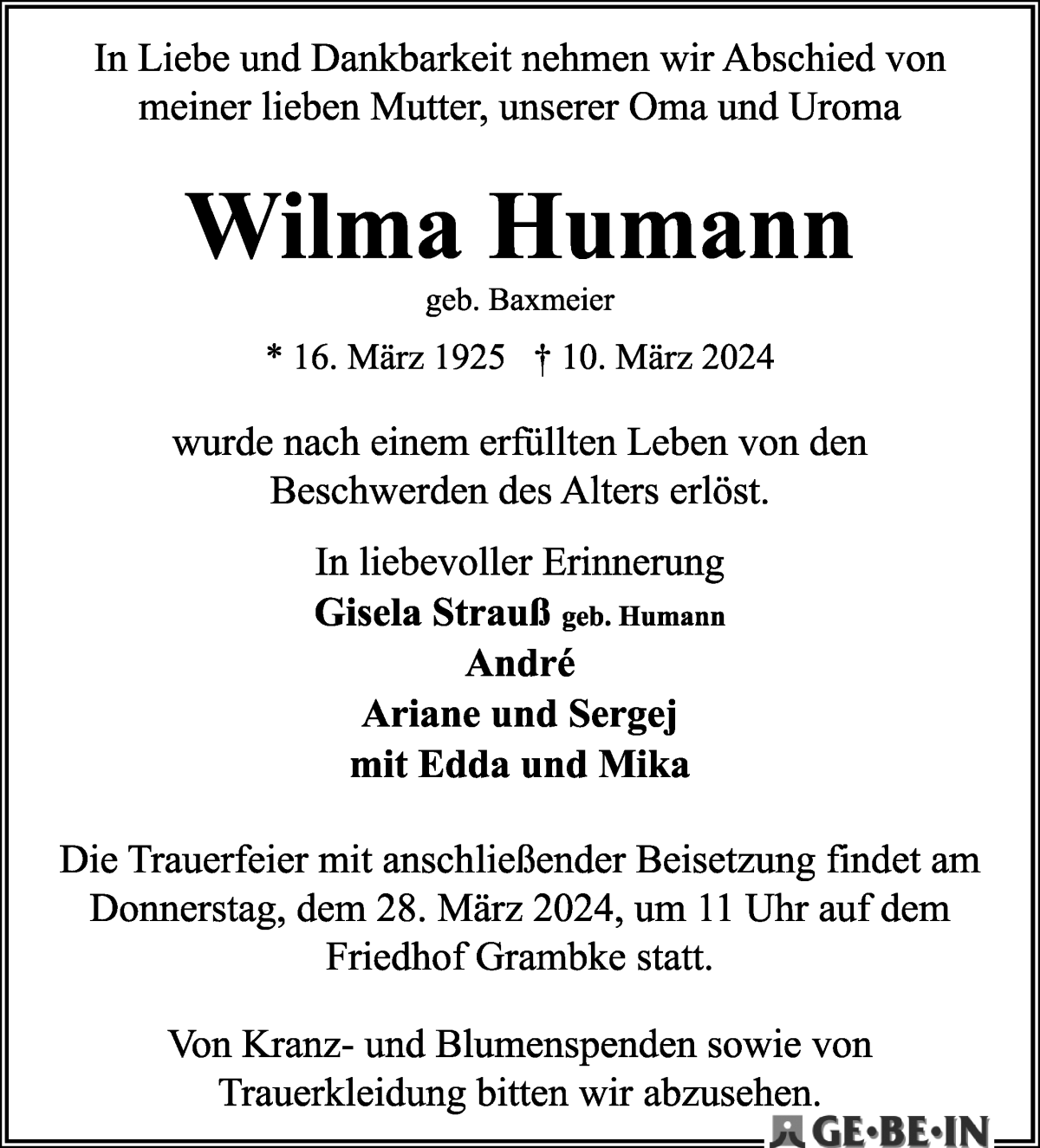 Traueranzeige von Wilma Humann von WESER-KURIER