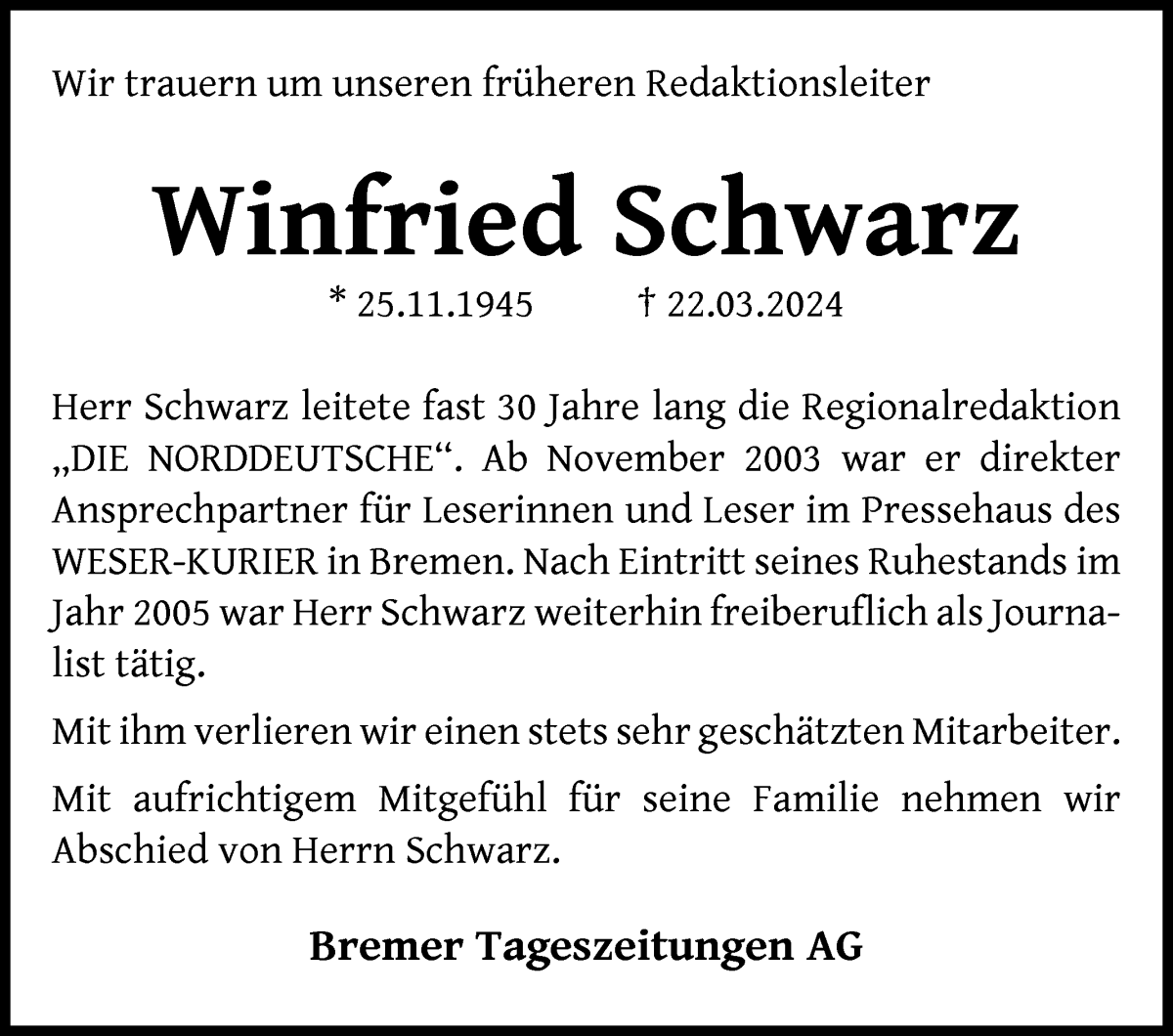  Traueranzeige für Winfried Schwarz vom 30.03.2024 aus Die Norddeutsche