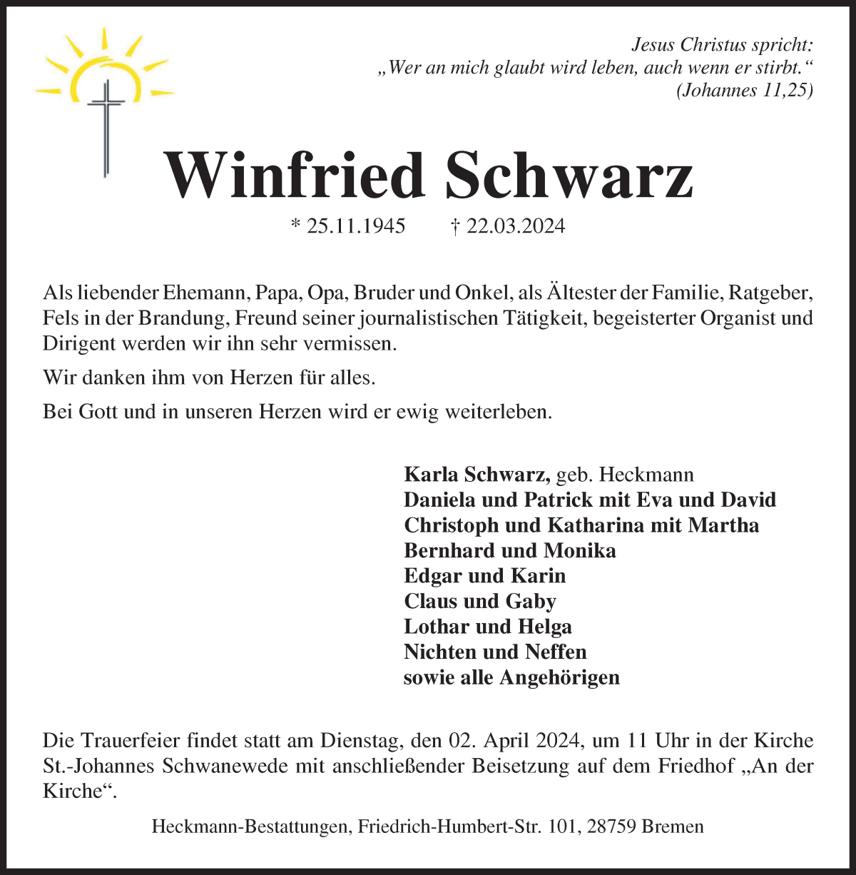  Traueranzeige für Winfried Schwarz vom 30.03.2024 aus Die Norddeutsche
