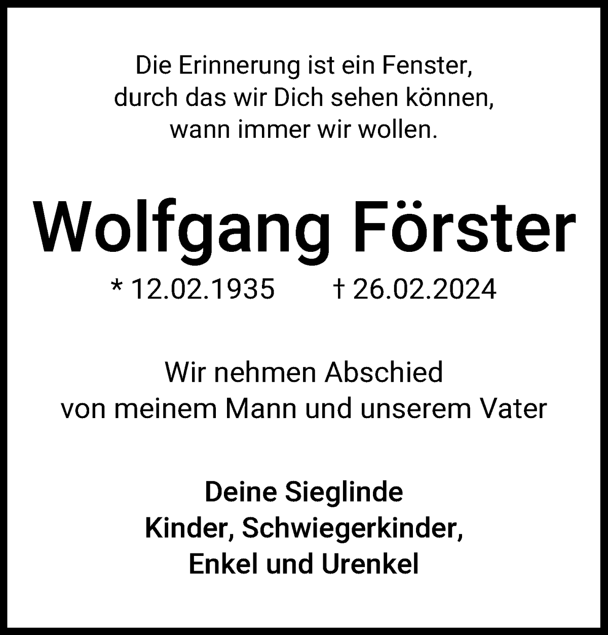 Traueranzeige von Wolfgang Förster von WESER-KURIER