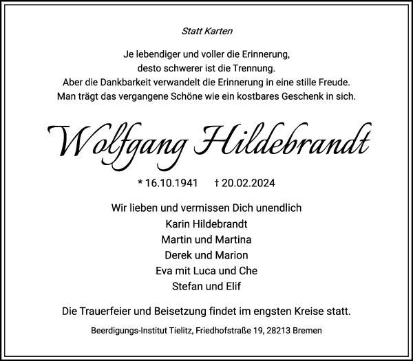 Traueranzeige von Wolfgang Hildebrandt von WESER-KURIER
