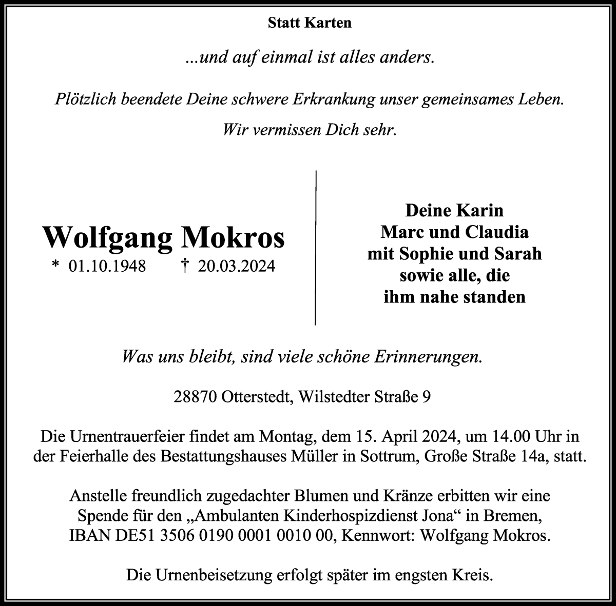 Traueranzeige von Wolfgang Mokros von WESER-KURIER