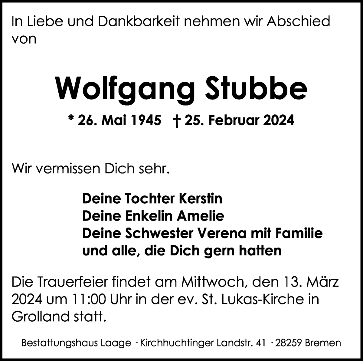 Traueranzeige von Wolfgang Stubbe von WESER-KURIER