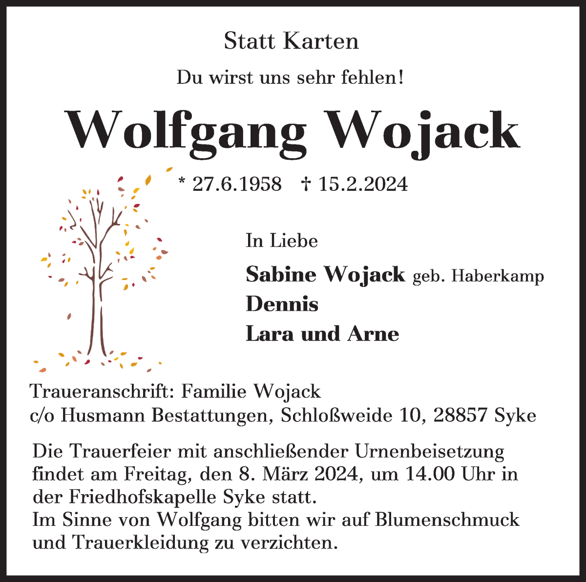 Traueranzeige von Wolfgang Wojack von WESER-KURIER