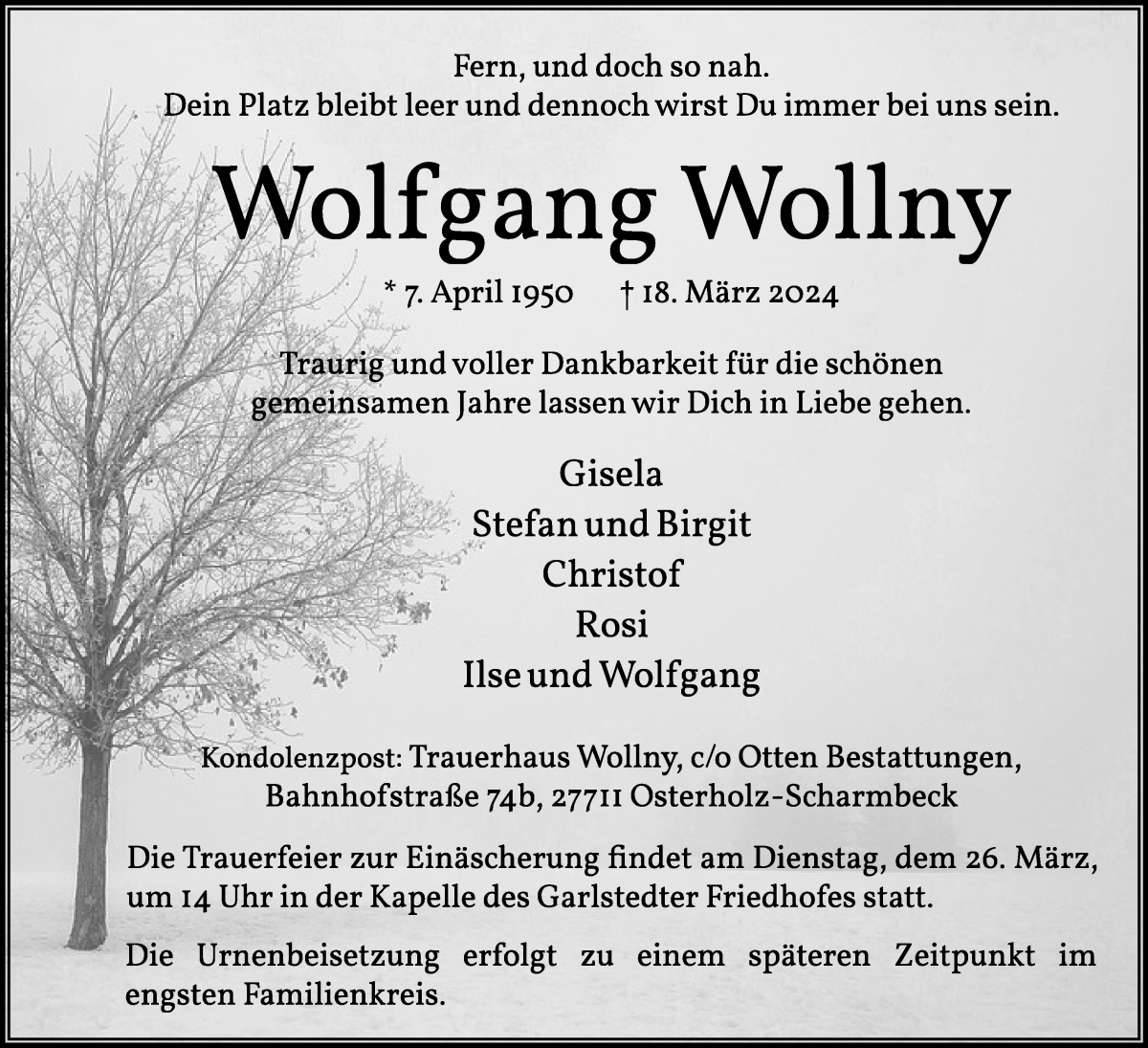 Traueranzeige von Wolfgang Wollny von Osterholzer Kreisblatt