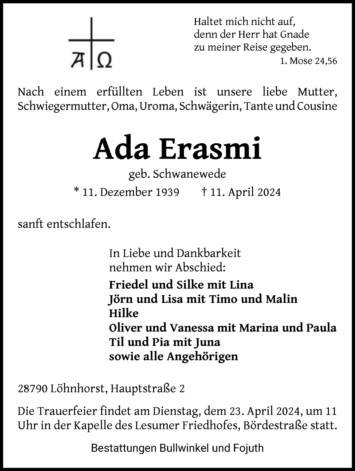 Traueranzeige von Ada Erasmi von Osterholzer Kreisblatt