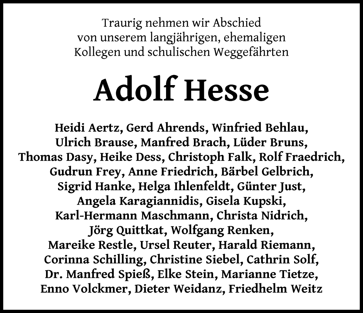  Traueranzeige für Adolf Hesse vom 13.04.2024 aus WESER-KURIER