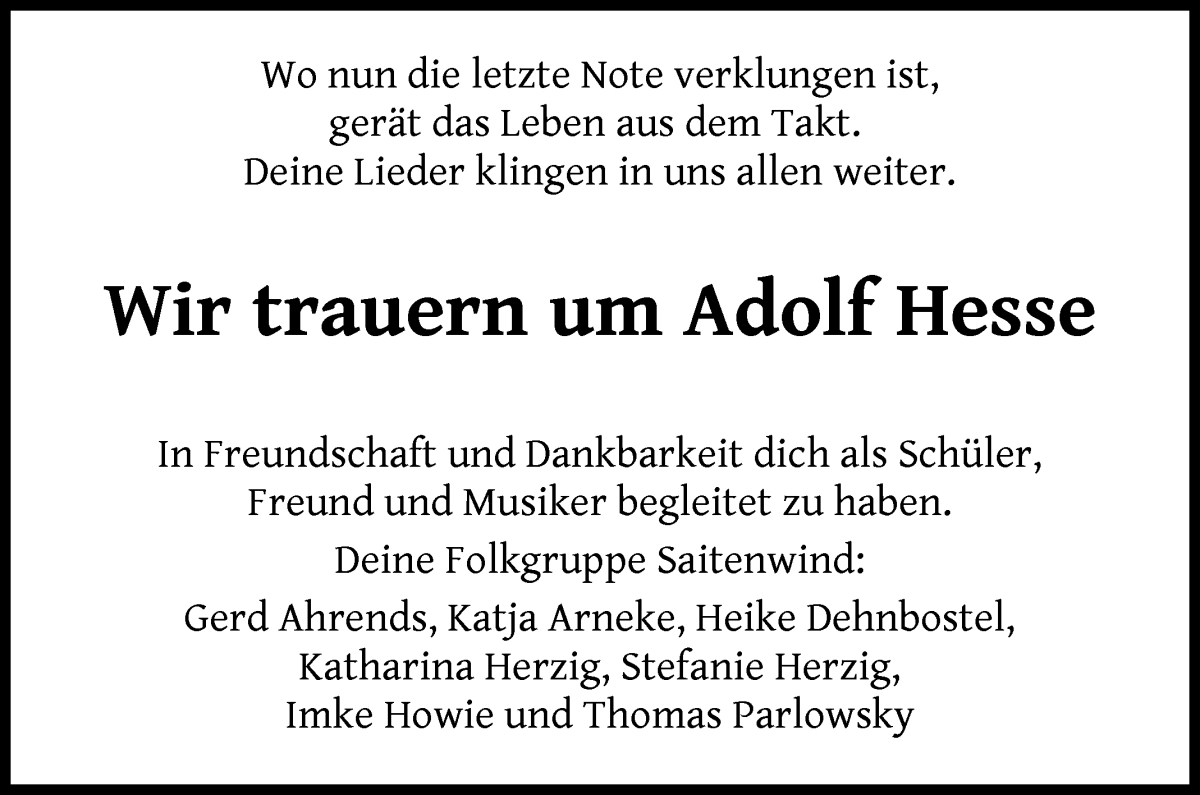 Traueranzeige von Adolf Hesse von WESER-KURIER