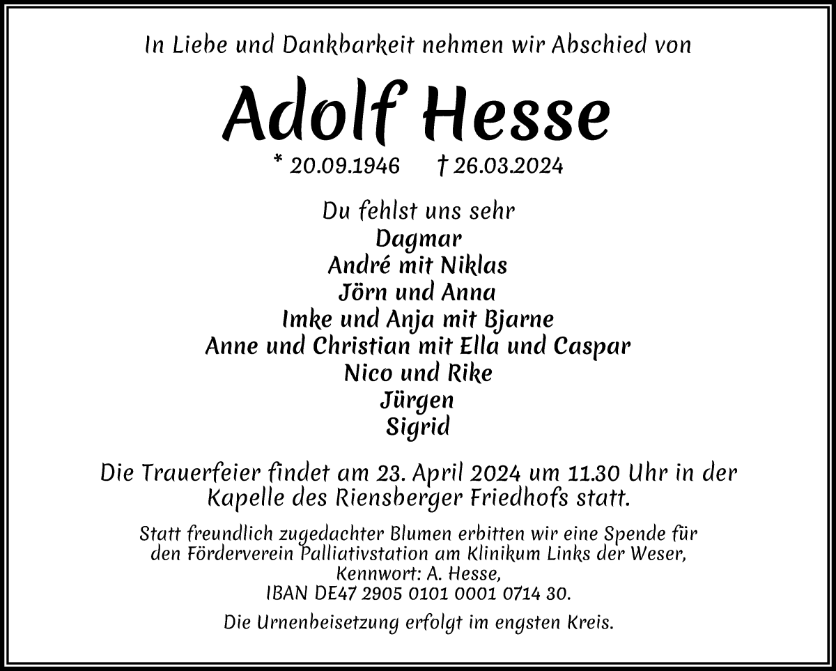  Traueranzeige für Adolf Hesse vom 13.04.2024 aus WESER-KURIER