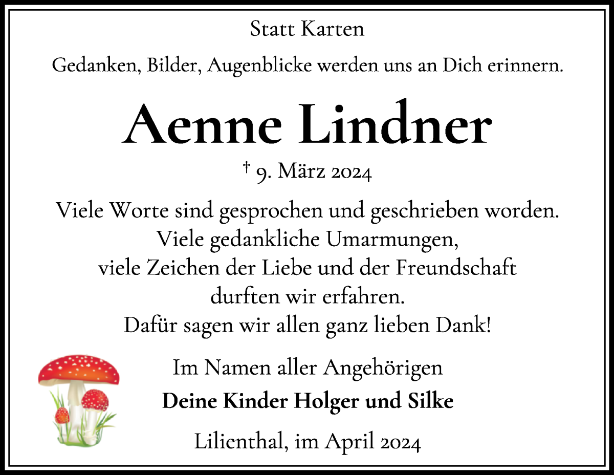 Traueranzeige von Aenne Lindner von Wuemme Zeitung