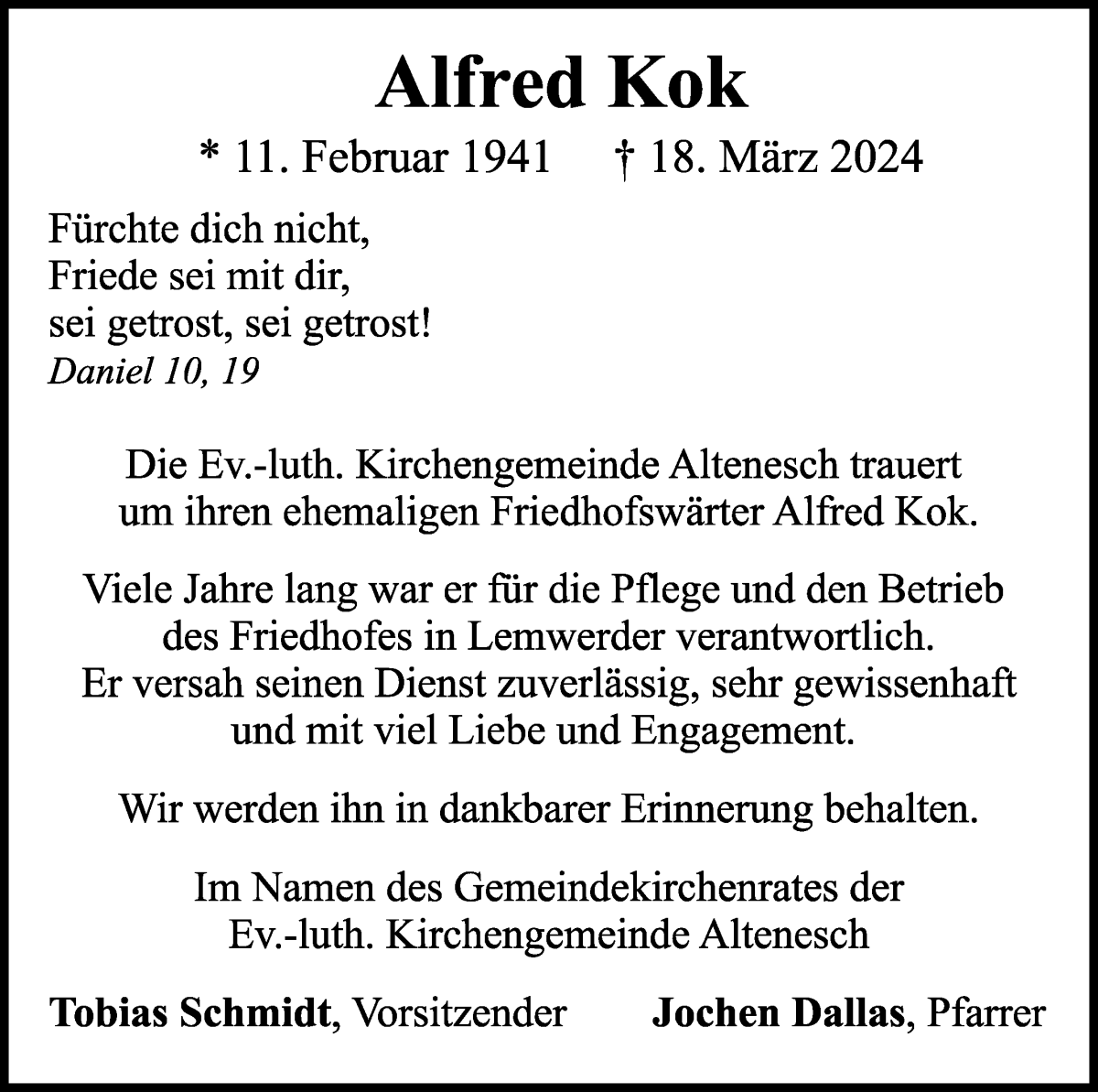 Traueranzeige von Alfred Kok von Die Norddeutsche