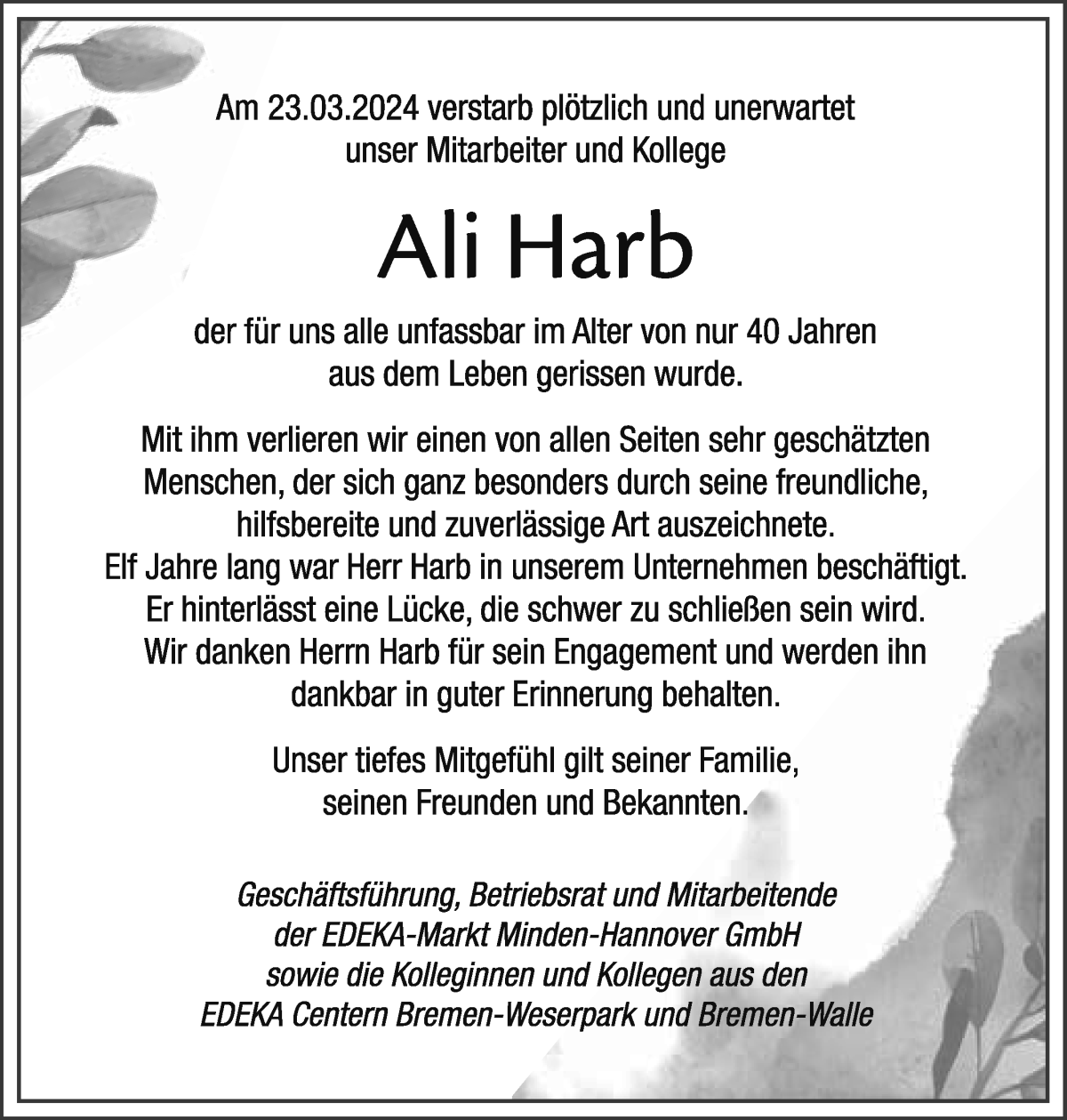  Traueranzeige für Ali Harb vom 08.04.2024 aus WESER-KURIER