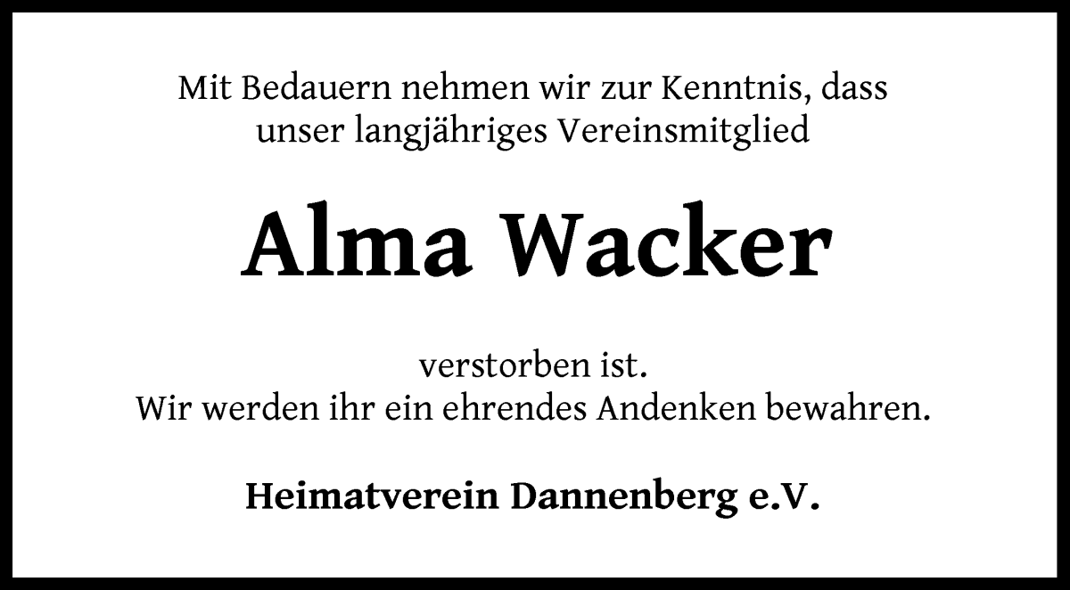 Traueranzeige von Alma Wacker von Wuemme Zeitung
