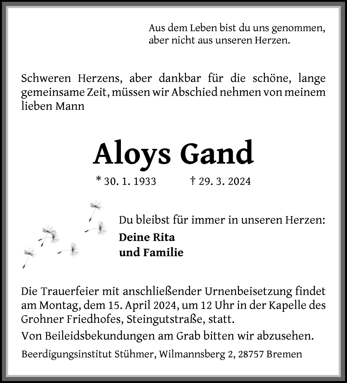 Traueranzeige von Aloys Gand von Die Norddeutsche