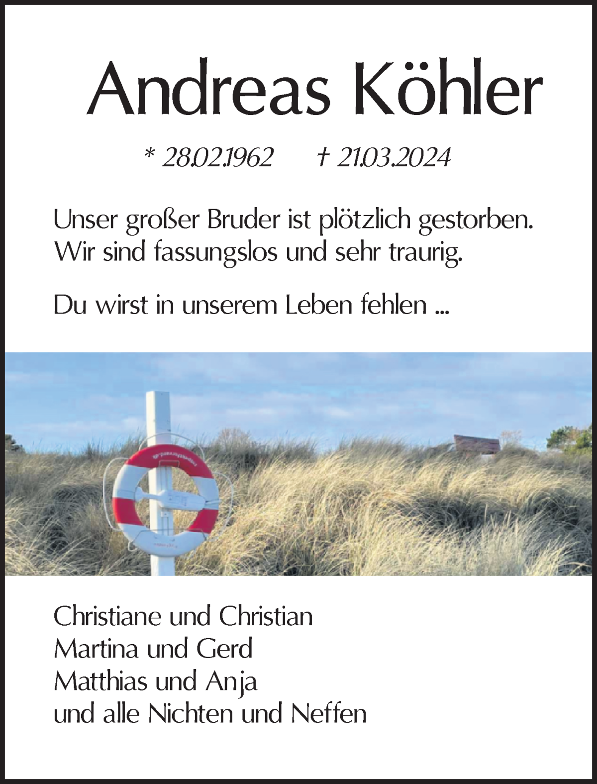 Traueranzeige von Andreas Köhler von WESER-KURIER