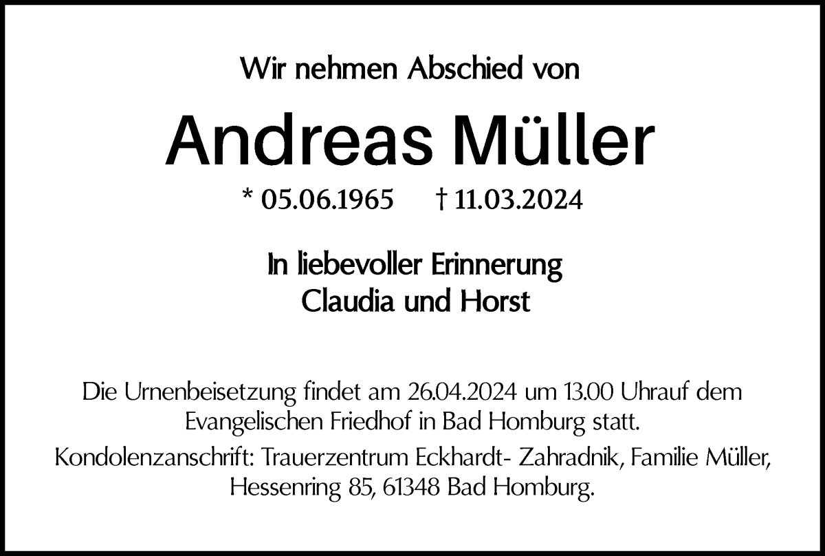 Traueranzeige von Andreas Müller von WESER-KURIER