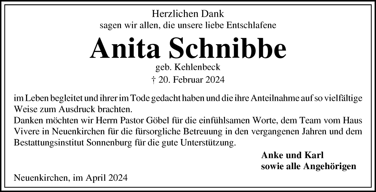 Traueranzeige von Anita Schnibbe von Die Norddeutsche