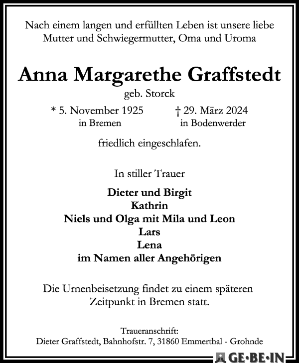 Traueranzeige von Anna Margarethe Graffstedt von WESER-KURIER