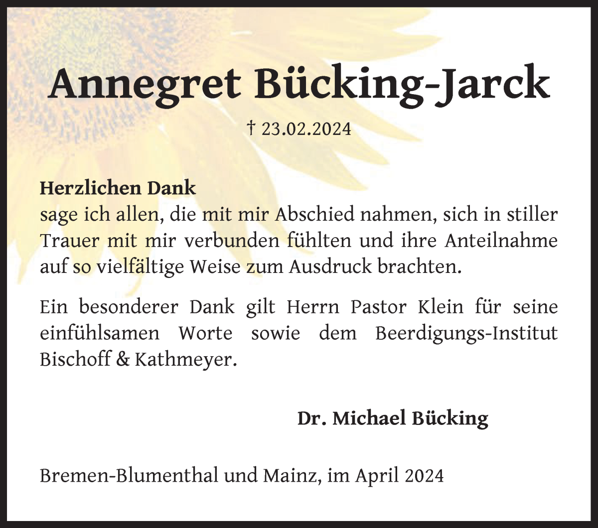 Traueranzeige von Annegret Bücking-Jarck von Die Norddeutsche