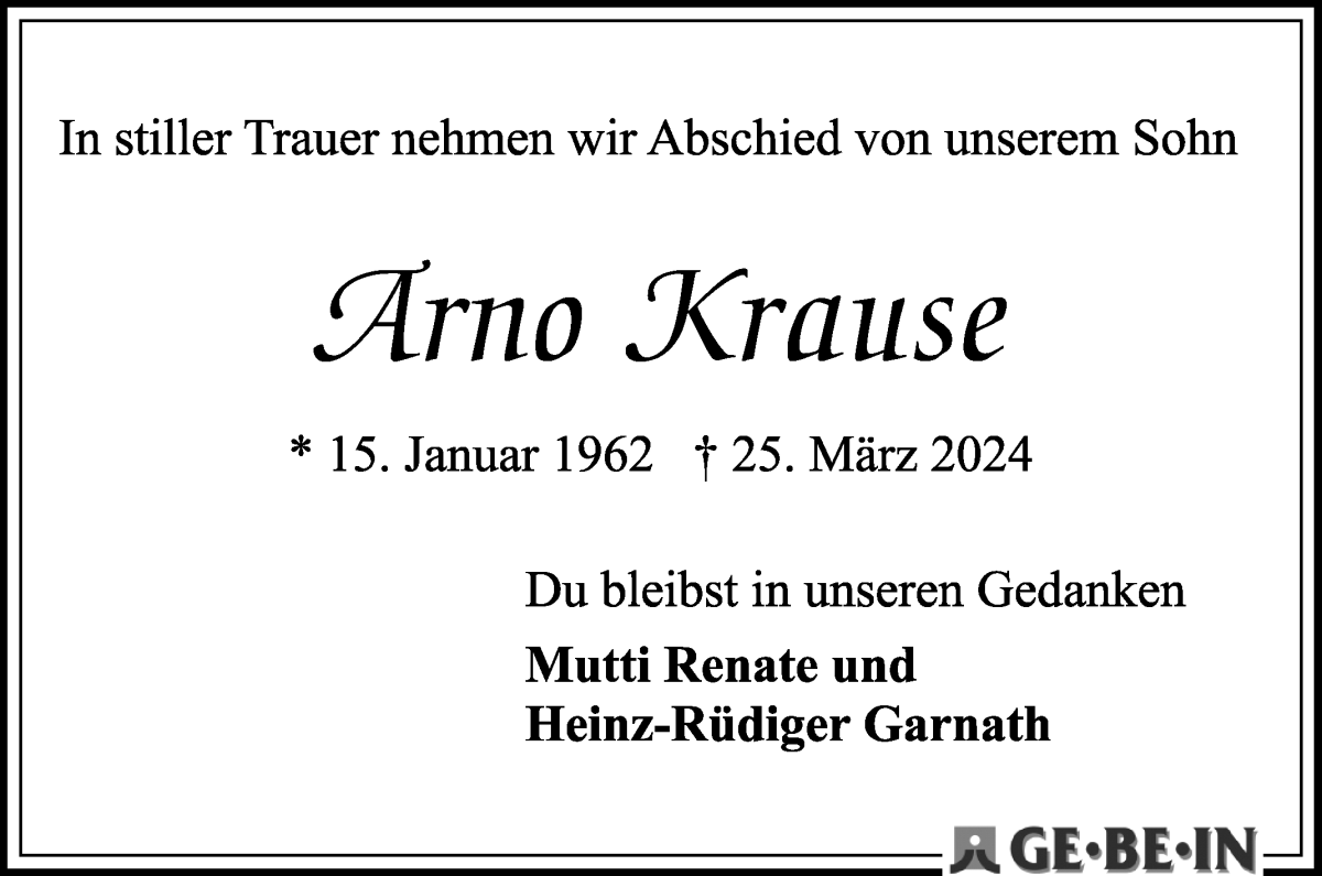 Traueranzeige von Arno Krause von WESER-KURIER