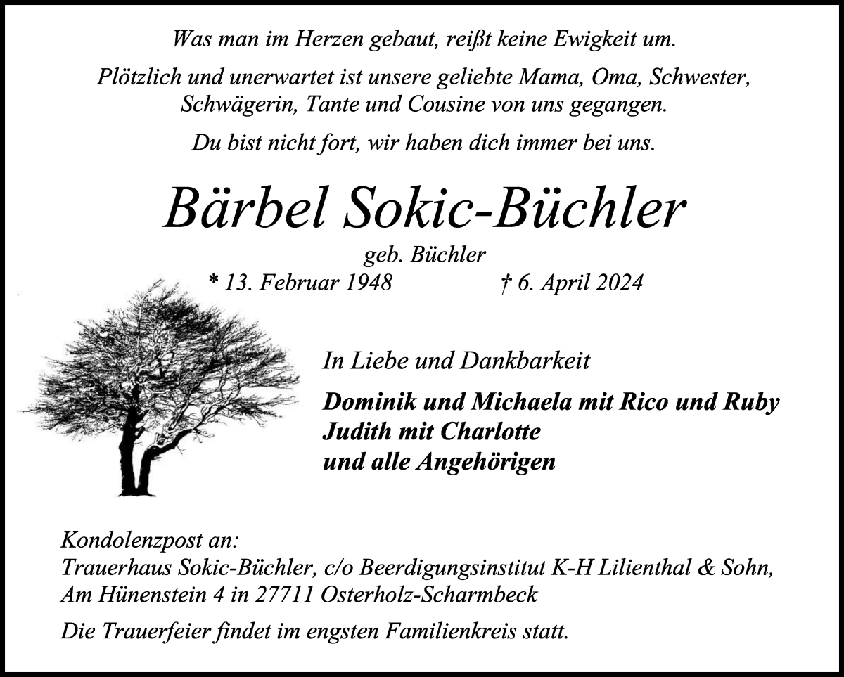Traueranzeige von Bärbel Sokic-Büchler von Osterholzer Kreisblatt