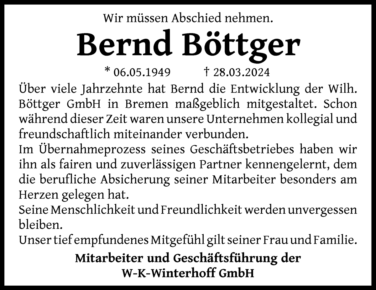 Traueranzeige von Bernd Böttger von WESER-KURIER