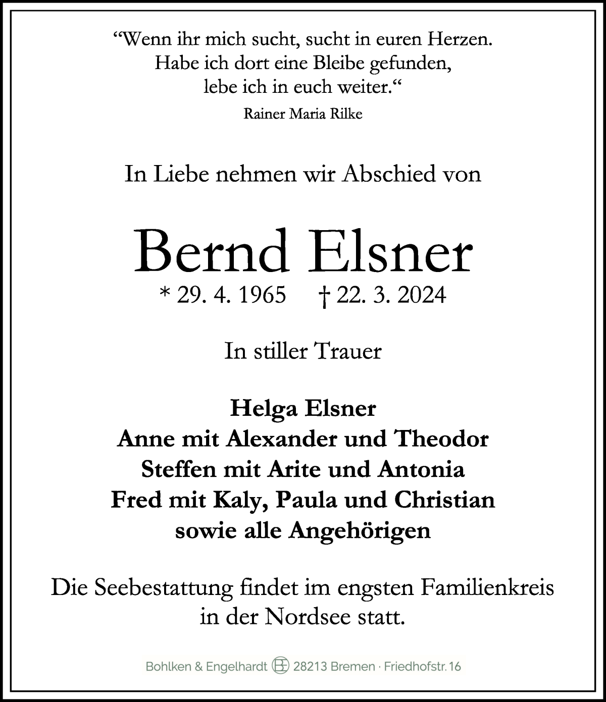 Traueranzeige von Bernd Elsner von WESER-KURIER