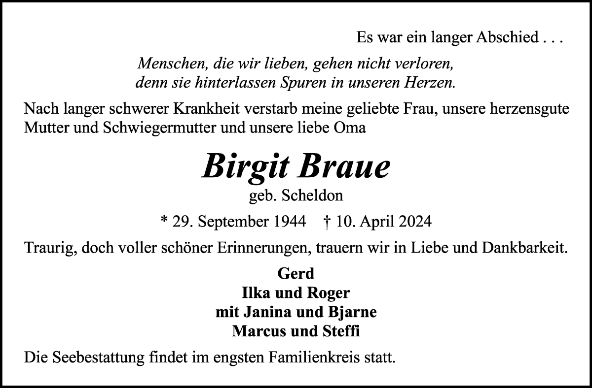 Traueranzeige von Birgit Braue von Die Norddeutsche