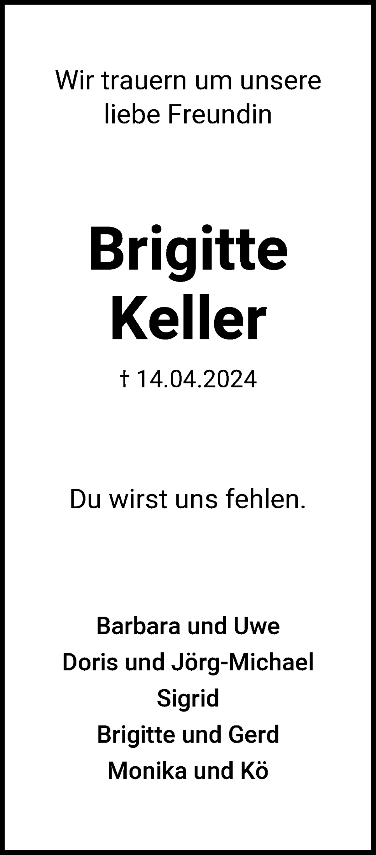 Traueranzeige von Brigitte Keller von WESER-KURIER