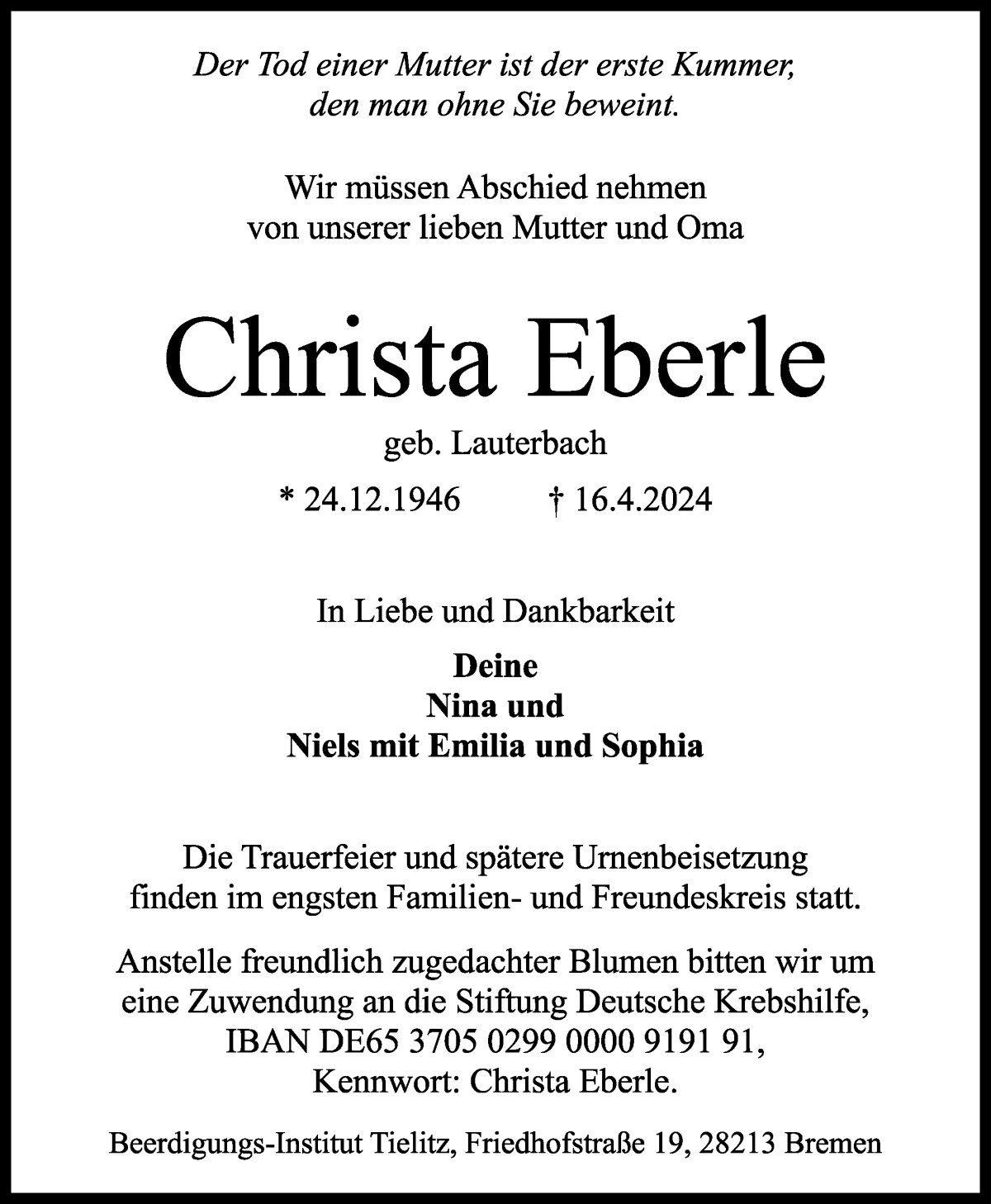  Traueranzeige für Christa Eberle vom 20.04.2024 aus WESER-KURIER