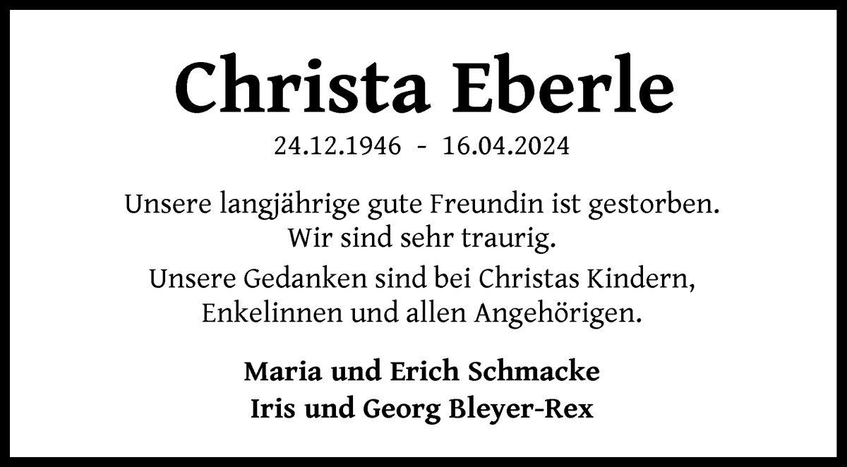 Traueranzeige für Christa Eberle vom 20.04.2024 aus WESER-KURIER