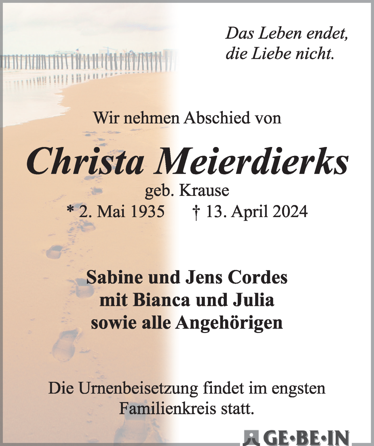 Traueranzeige von Christa Meyerdierks von WESER-KURIER
