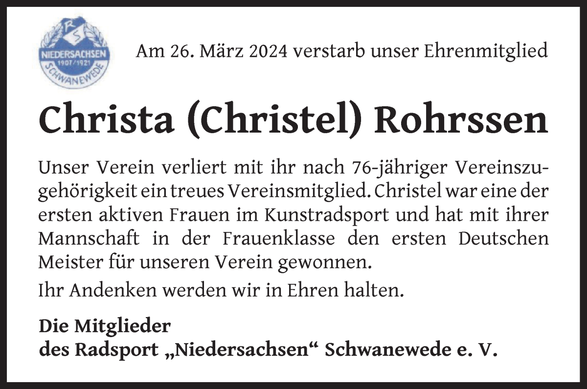 Traueranzeige von Christa Rohrssen von Die Norddeutsche