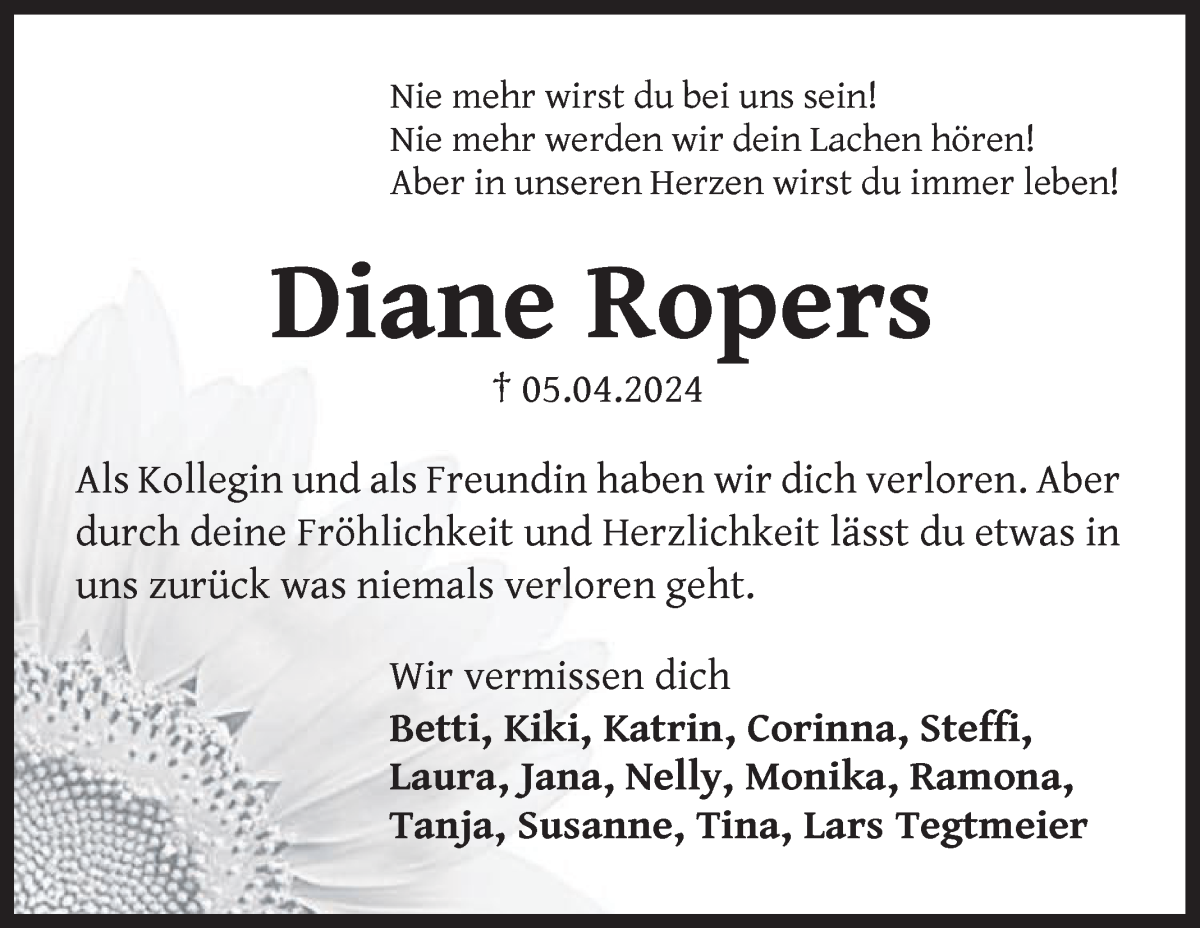 Traueranzeige von Diane Ropers von Osterholzer Kreisblatt
