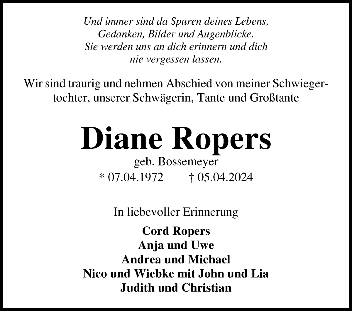 Traueranzeige von Diane Ropers von Osterholzer Kreisblatt