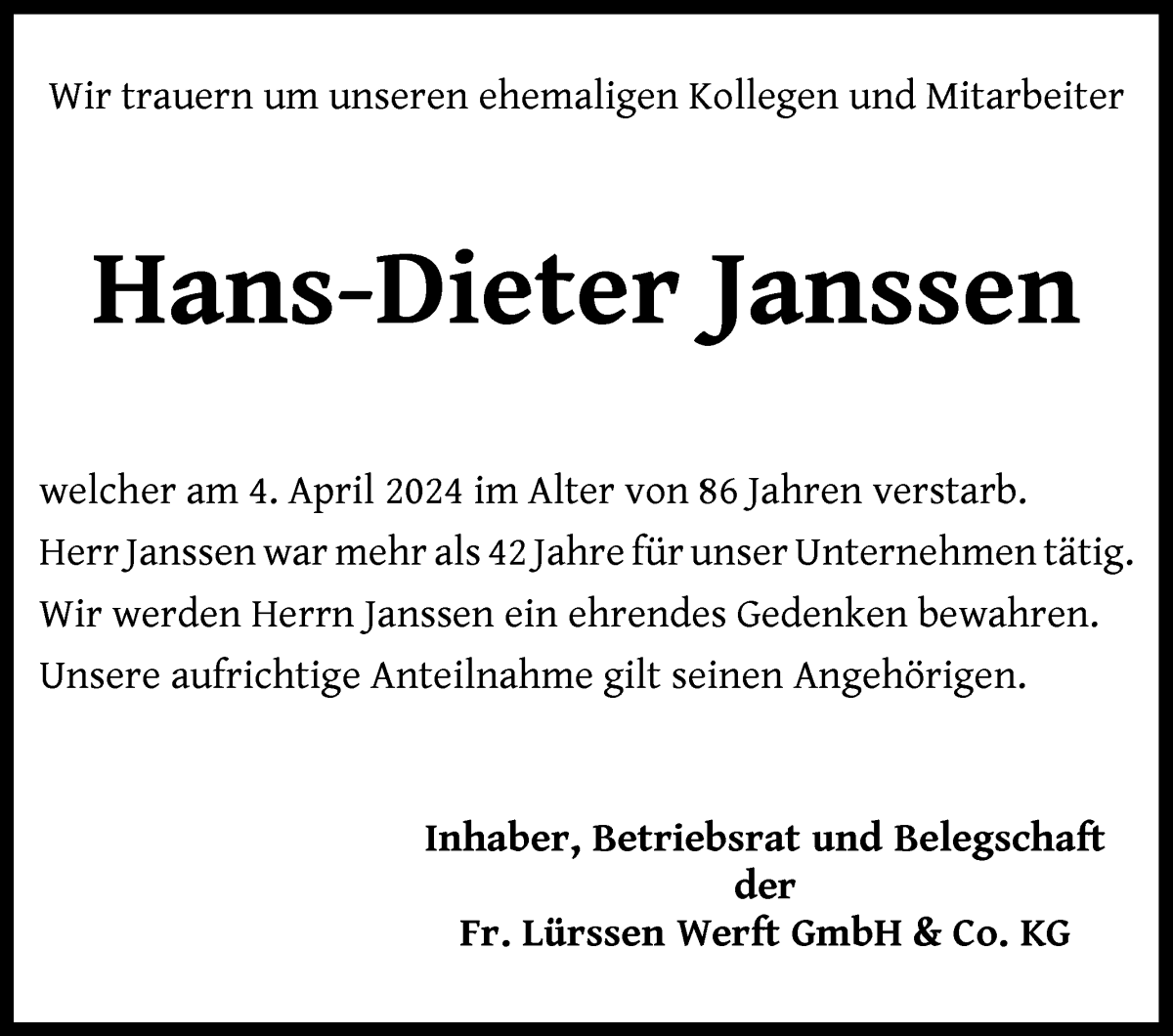  Traueranzeige für Dieter Janssen vom 27.04.2024 aus Die Norddeutsche