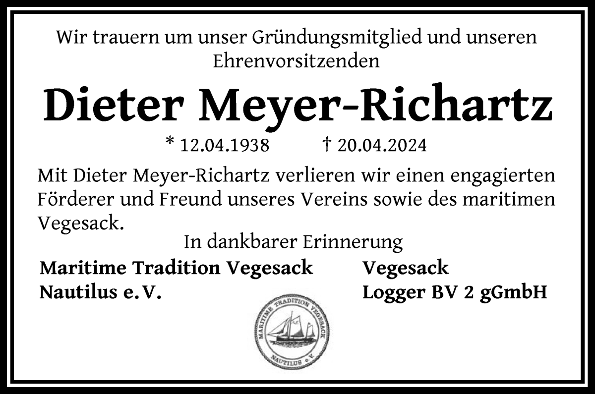  Traueranzeige für Dieter Meyer-Richartz vom 27.04.2024 aus WESER-KURIER