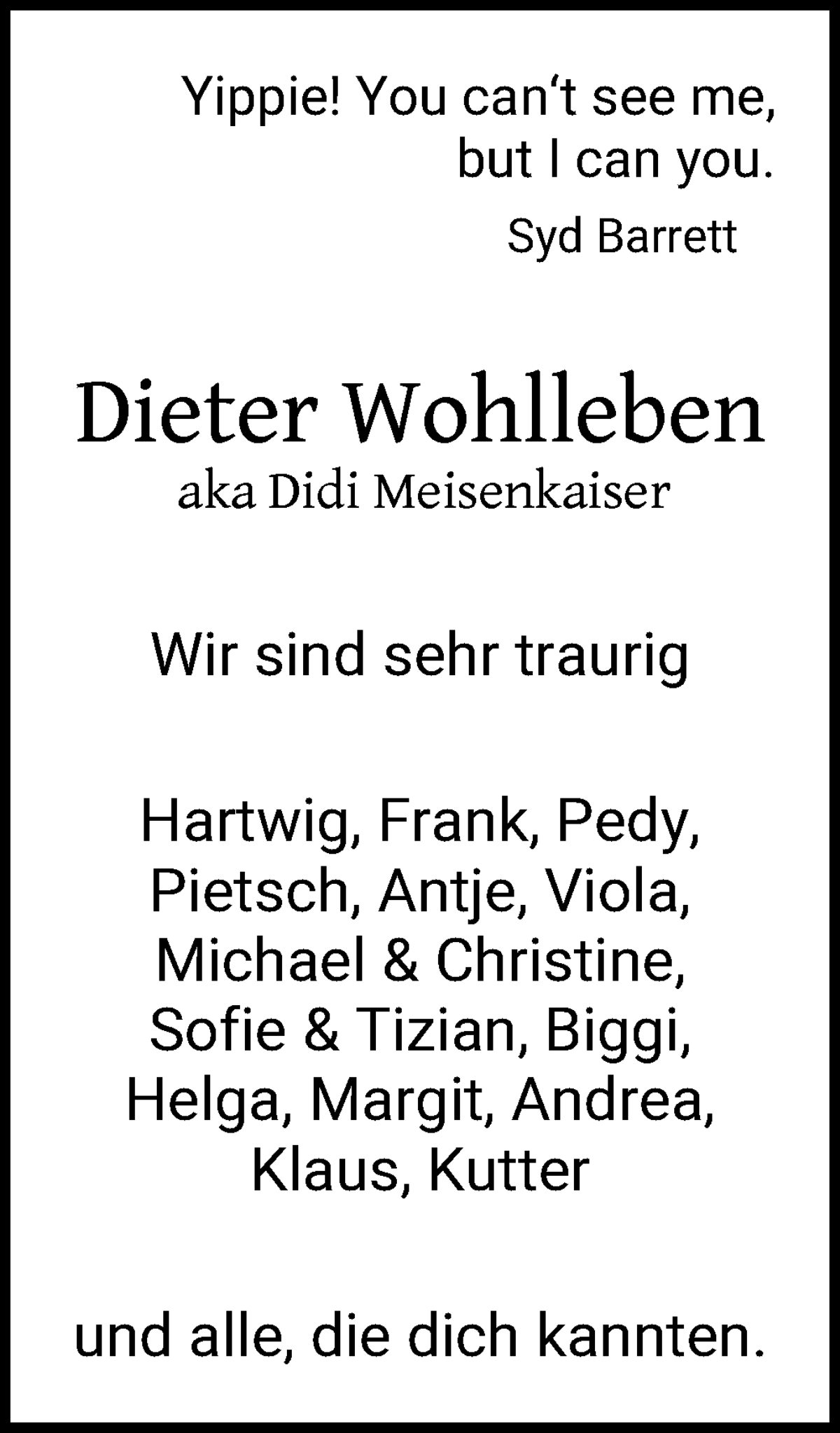 Traueranzeige von Dieter Wohlleben von WESER-KURIER